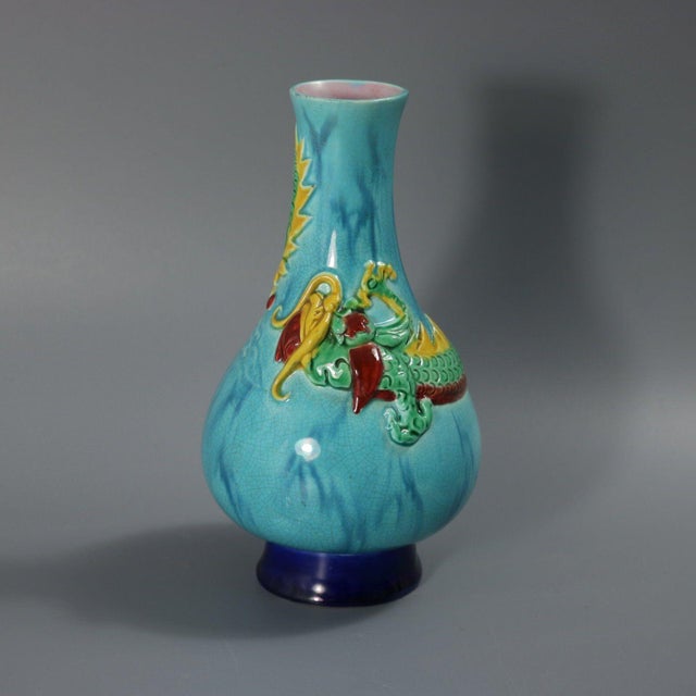 Rare Pair Worcester Majolica Dragon Vases For Sale - Image 4 of 11