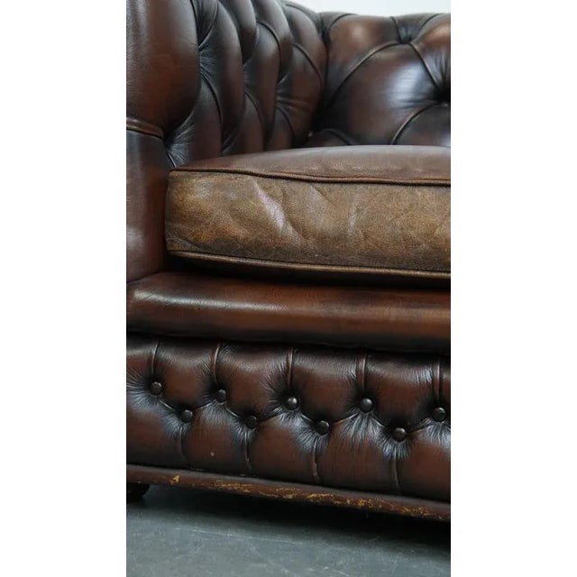 English Chesterfield Armchair in Dark Brown Cowhide with Decorative Studs For Sale - Image 10 of 16