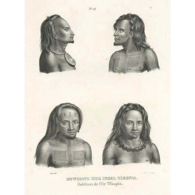Antique print titled 'Bewohne der Insel Tikopia'. Lithograph of inhabitants of Tikopia. Tikopia is a high island in the...