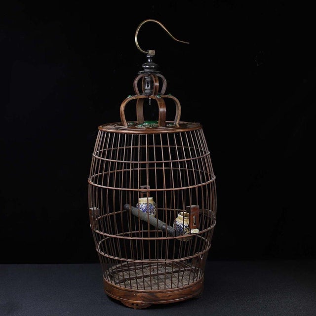 Traditional Vintage Hardwood Birdcage With Gemstone Inlay and Porcelain Cups For Sale - Image 3 of 9