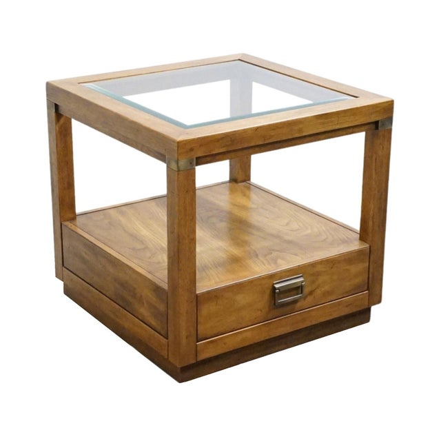 Drexel Drexel Heritage Woodbriar Collection Pecan Rustic European 26" Square Accent End Table W. Glass Top 988-342 For Sale - Image 4 of 14