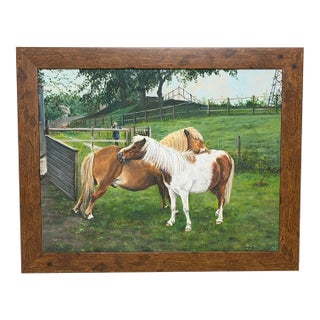 Shetland Groom Original British Equestrian Oil Painting of Two Ponies Framed For Sale