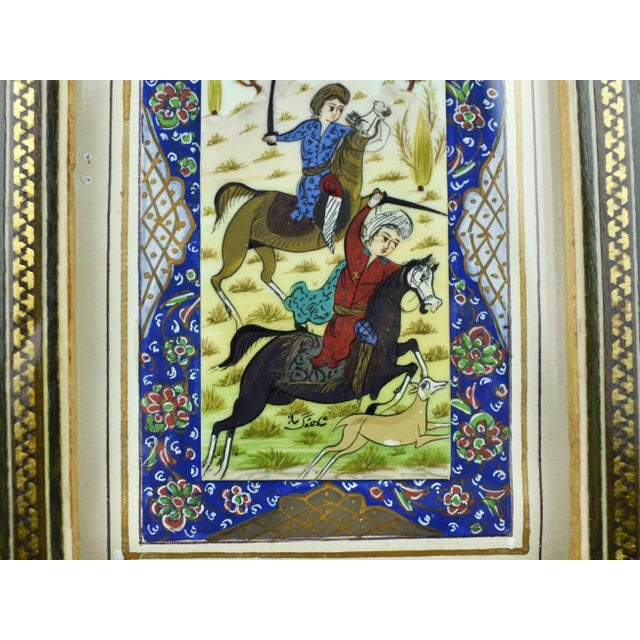 Persian Mid 20th Century Persian Painting With Handmade Inlaid Marquetry Khatam Frame Signed For Sale - Image 3 of 7
