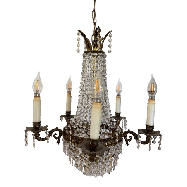 Antique French Empire Style Crystal and Gilt Brass Chandelier For Sale