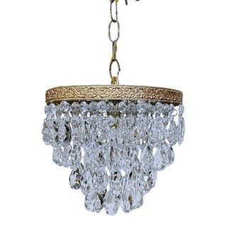 Vintage Mid-Century Modern Brass Tiered With Almond Cut Crystal Chandelier For Sale
