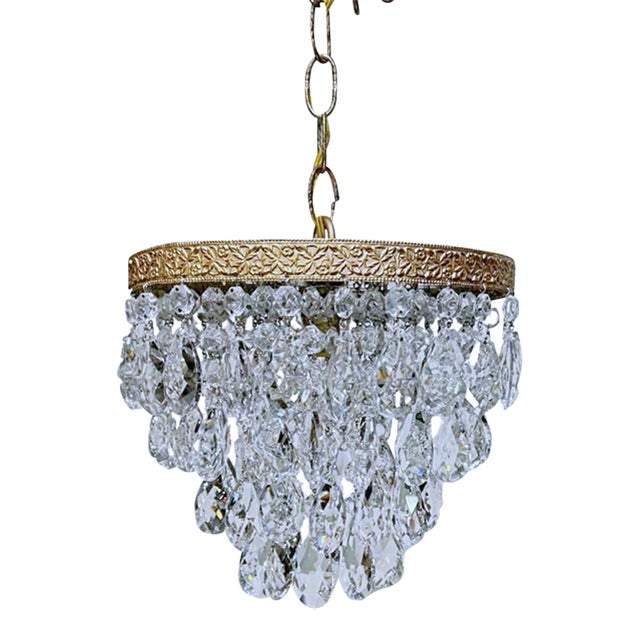 Vintage Mid-Century Modern Brass Tiered With Almond Cut Crystal Chandelier For Sale