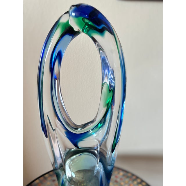 Late 20th Century Signed A. Tablonski Polish Art Glass Sculpture -- 18" Blue Green Crystal Modernist Vase For Sale - Image 11 of 13