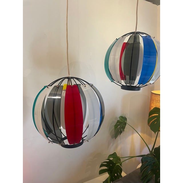 1950s Colorful Lightolier Round Metal and Ribbed Lucite Pendant Lamps - Set of 2 For Sale - Image 10 of 12