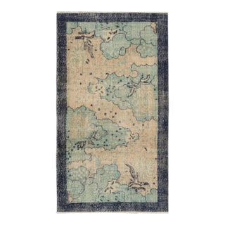 1960s Hand-Knotted Vintage Distressed Deco Rug in Blue, Cream Floral Pattern For Sale