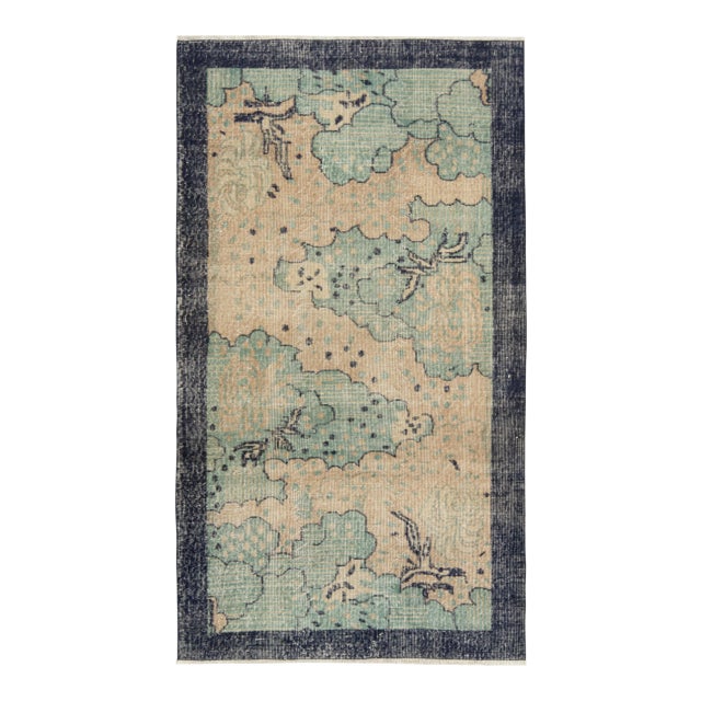 1960s Hand-Knotted Vintage Distressed Deco Rug in Blue, Cream Floral Pattern For Sale