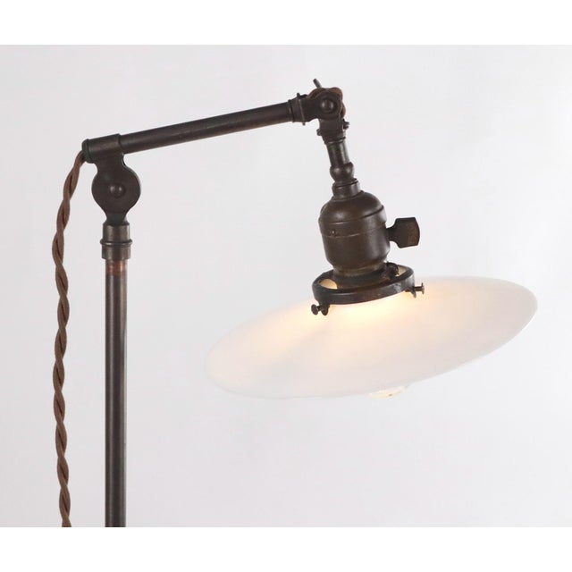 Metal Vintage Industrial Brass Opal Disk Shade Floor Lamp For Sale - Image 7 of 9