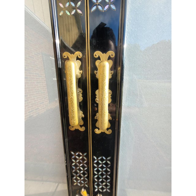 Chinoiserie Vintage Asian Black Lacquer Mother-of-Pearl Inlaid Two-Piece China/Display Cabinet For Sale - Image 3 of 7