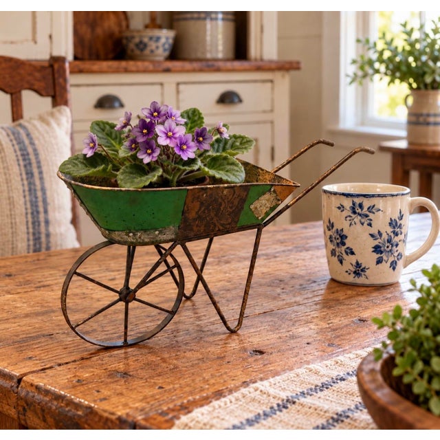 Green Small Rustic Reclaimed Painted Metal Wheelbarrow in Green, 10.5” X 18.5” For Sale - Image 8 of 9