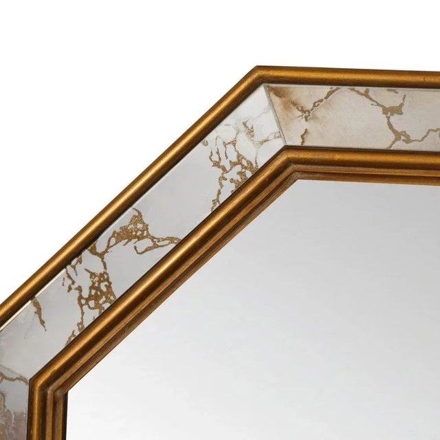 1970s Vintage Mid-Century French Giltwood, Antiqued Beveled Glass Octagonal Overlay Wall Mirror and Hanging Console For Sale In New York - Image 6 of 7