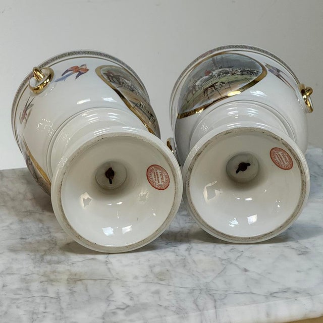 Pair Antique Belgian Pêtre À Baudour Neoclassical Porcelain Hunt Scene Urns For Sale - Image 17 of 18