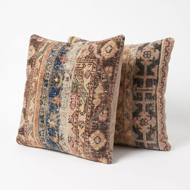 This 24'' x 24'' pillow cover set was made from authentic Turkish rug pieces — Anatolian border stripes in indigo blue and...