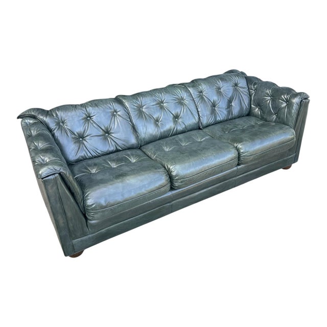Vintage Dark Green Leather English Club Sofa With Tufted Back & Rich Patina For Sale - Image 4 of 10