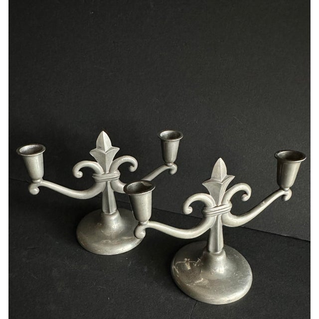 1930s Vintage 1930s Pewter Scandinavian Grace Style Art Deco Candelabra Pair of 2 For Sale - Image 5 of 12