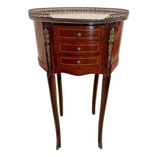 1920s Oval Accent Table Nightstand Three Drawers, Inlays, Brass Accents French Style For Sale