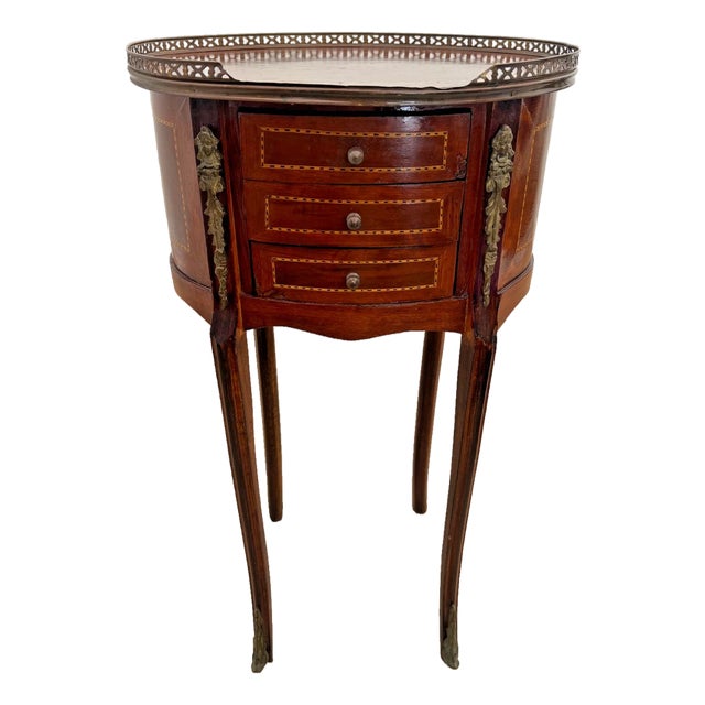 1920s Oval Accent Table Nightstand Three Drawers, Inlays, Brass Accents French Style For Sale