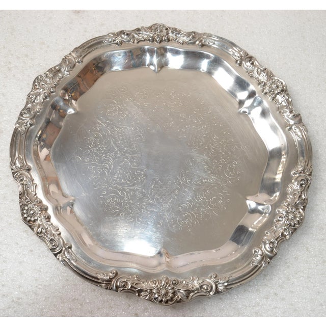 Metal 1950s Victorian F. B. Rogers Silver Co. Crown Trademark Round Serving Platter Edelweiss For Sale - Image 7 of 12