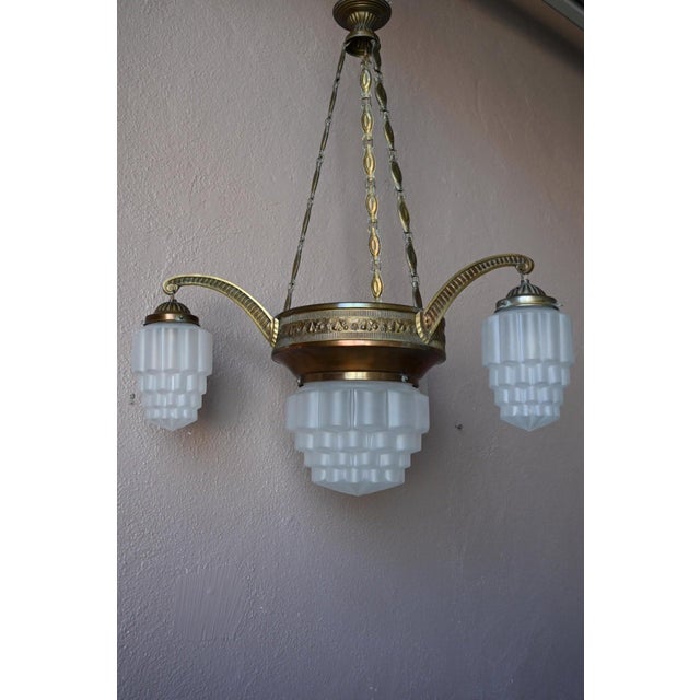 Art Deco Brass and Frosted Pressed Glass Chandelier, 1920s For Sale - Image 9 of 18