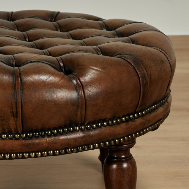 Animal Skin Vintage Button Tufted Leather Ottoman For Sale - Image 7 of 12