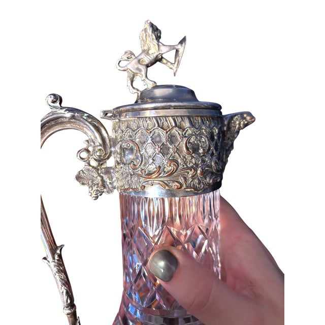 Early 20th Century 1900s Victorian Cut-Crystal and Silverplate Claret Jug With Lion Finial and Bacchus Spout For Sale - Image 5 of 11