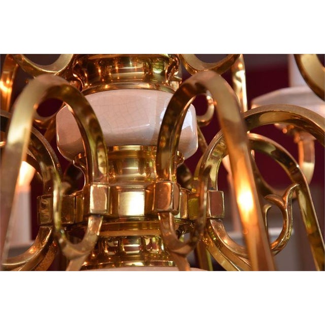 Brass 1970s Georgian Candle-Style 2-Tier Polished Brass White Porcelain Chandelier For Sale - Image 8 of 10
