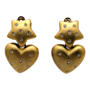 Vintage 1980s Signed Courreges Paris Goldtone Clear Rhinestone Heart & Star Clip Earrings-2 Pieces
