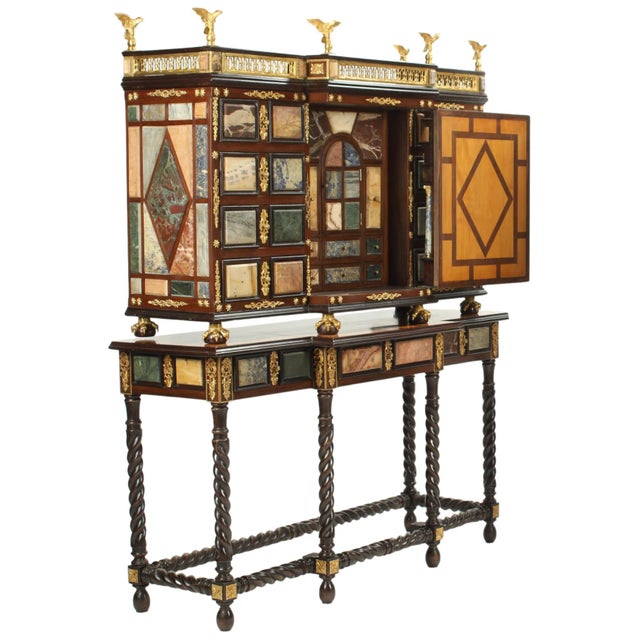 Ornate Renaissance style ormolu-mounted cabinet-on-stand, having galleried crest with eagle finials, over cabinet fitted...