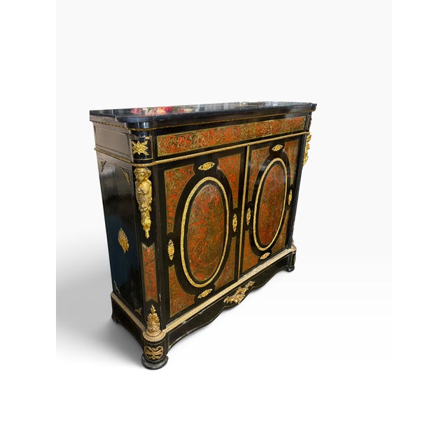 French Antique French Napoleon III Black Marble & Inlaid Cabinet - André-Charles Boulle For Sale - Image 3 of 4