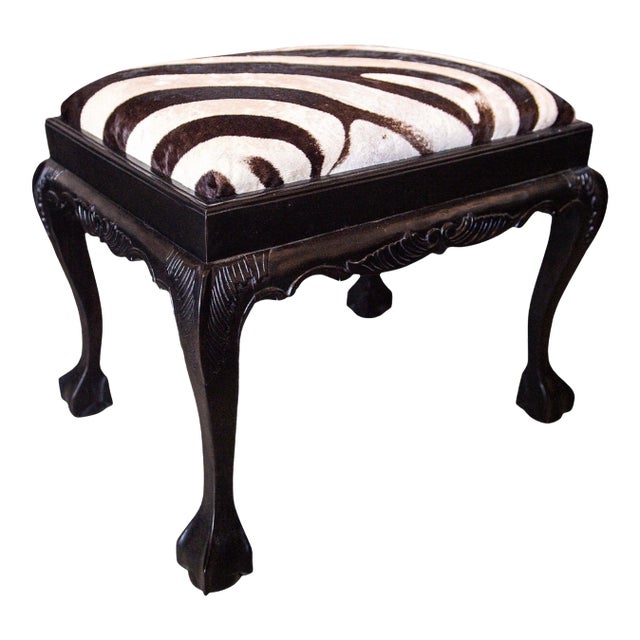 19th Century Queen Anne Style Carved Bench in Burchell Zebra Hide For Sale