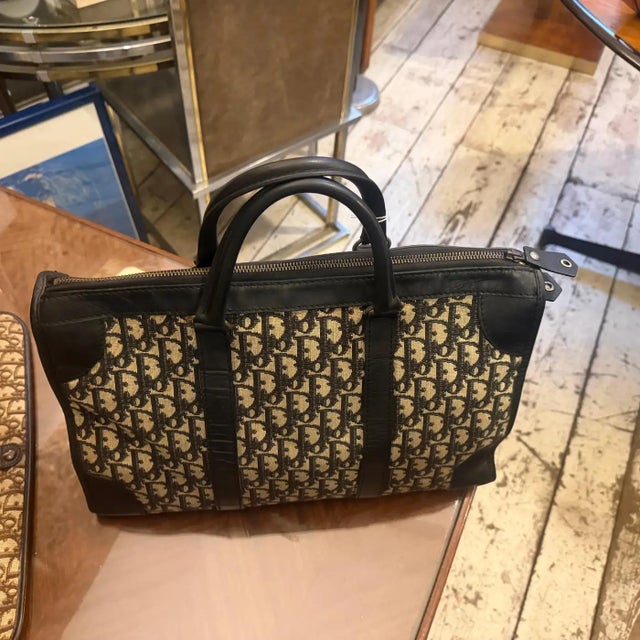 Christian Dior A 1980s Vintage Christian Dior Oblique Monogram Blue Canvas Boston Hand Bag For Sale - Image 4 of 16