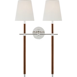 Thomas O'Brien for Visual Comfort Signature Bryant Large Wrapped Double Tail Sconce in Polished Nickel and Natural Leather with Linen Shades For Sale