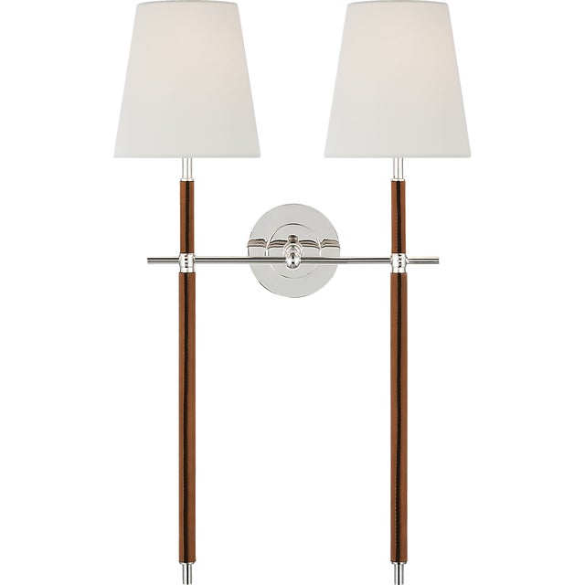 Bryant Large Wrapped Double Tail Sconce in Polished Nickel and Natural Leather with Linen Shades Designer: Thomas O'Brien...