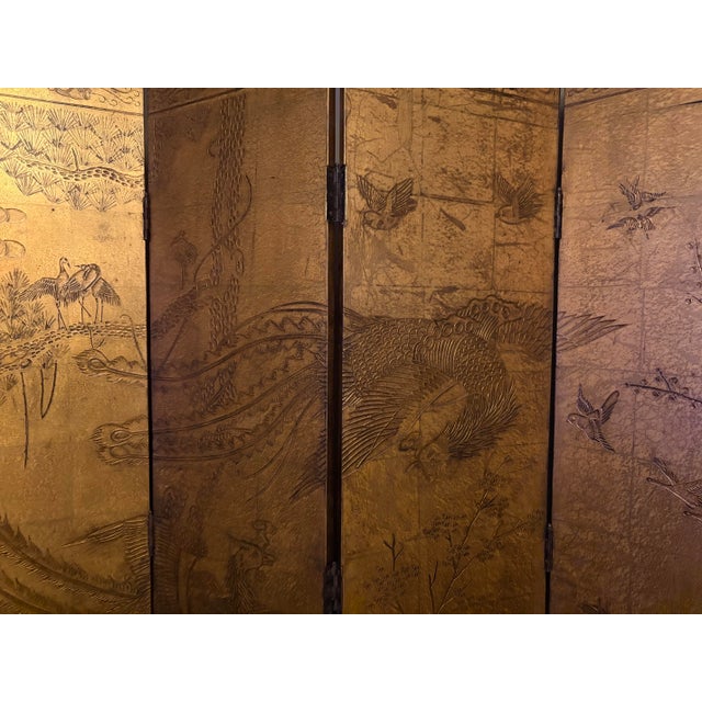 Antique Asian Four Panel Lacquered Screen With Gold Leaf and Brass Hinges For Sale In Washington DC - Image 6 of 8