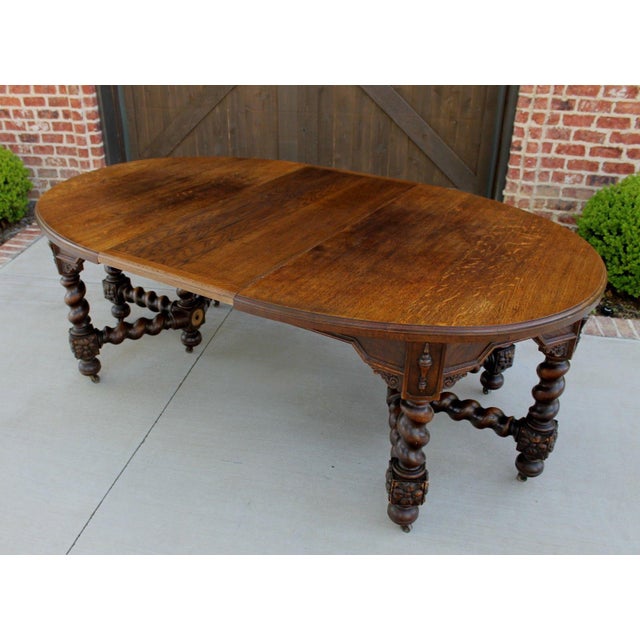 Antique English Oak Jacobean Style Oval Barley Twist Dining Table With