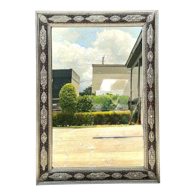 Vintage Moroccan Ornate Wood and Metal Mirror For Sale