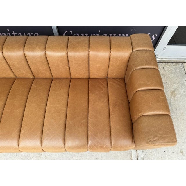 Cb2 Forte 81-Inch Channeled Saddle Leather Sofa With Walnut Base For Sale In Raleigh - Image 6 of 16