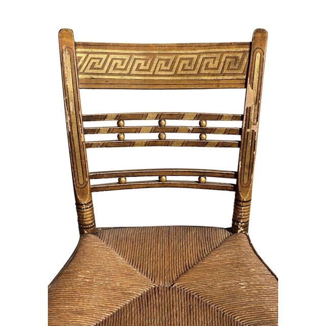 Antique Sheraton Fancy Paint Thumb Back Chair With Rush Seat & Greek Key Design For Sale - Image 4 of 8