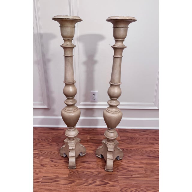 Taupe French Baroque Style Taupe Distressed Painted Solid Wood Floor Candlesticks/Plant Stands, a Pair For Sale - Image 8 of 12