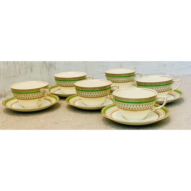 Antique English Bone China J & G Meakin Tea, Coffee Cup & Saucer, Westminster Pattern Featuring an Intricate Green & Gold Band on White- Set of 6 For Sale - Image 10 of 12