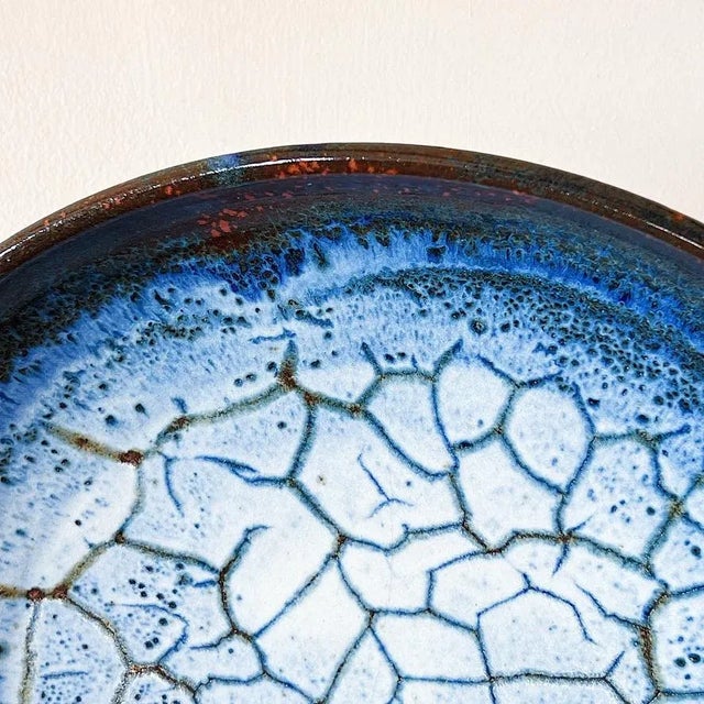 Ceramic Vintage Hand Thrown Large Ceramic Serving Plate Charger in Blue Crackle Glaze, Signed For Sale - Image 7 of 9