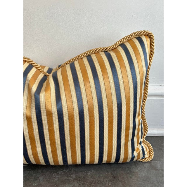 1990s Striped Blue and Gold Down-Filled Lumbar Pillow With Cord Edge For Sale - Image 5 of 8