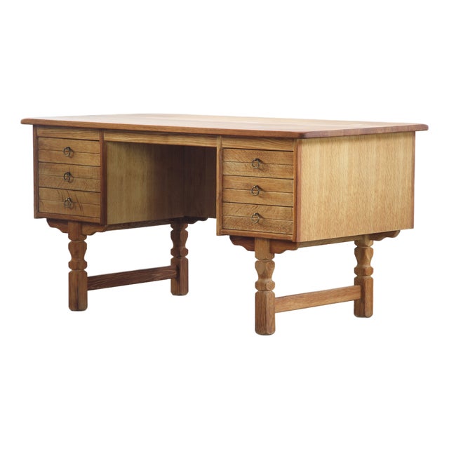 Mid-Century Oak Writing Desk with 6 Drawers and Open Back in the style of Henning Kjærnulf, 1960s For Sale