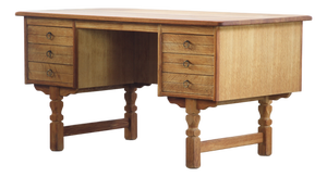 Mid-Century Oak Writing Desk with 6 Drawers and Open Back in the style of Henning Kjærnulf, 1960s
