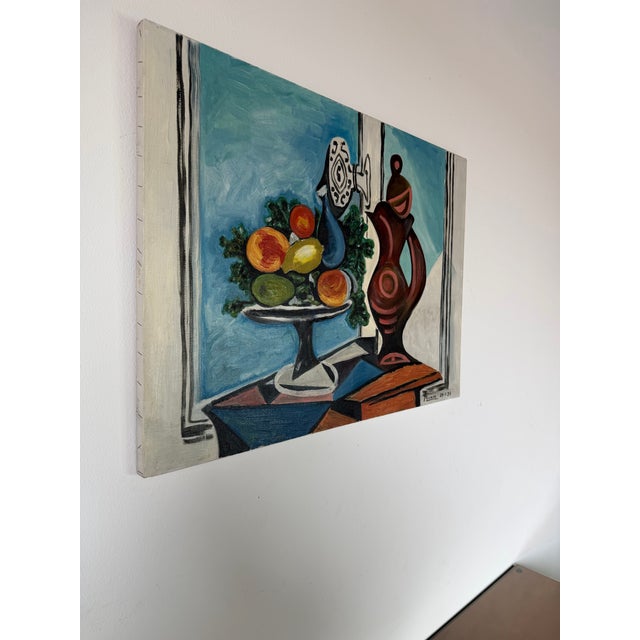 Vintage oil on canvas reproduction after Pablo Picasso’s iconic 1937 composition “Compote Dish and Pitcher by Window.”...