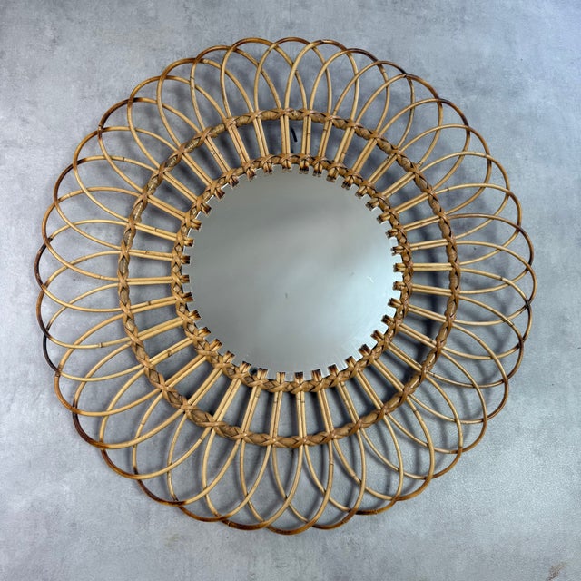 Spanish Round Rattan Sunburst Mirror, 1950s For Sale - Image 6 of 7