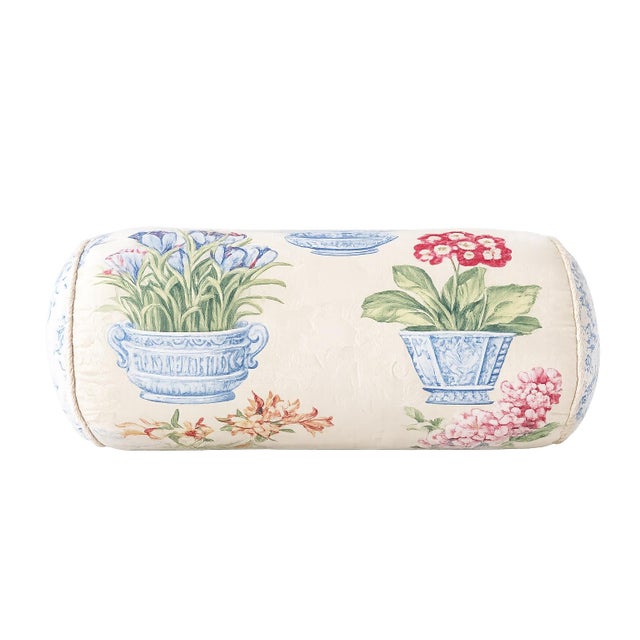 2000 - 2009 Vintage Chinoiserie Botanical Bolster Throw Pillow With Blue & White Porcelain Planter Print For Sale - Image 5 of 5